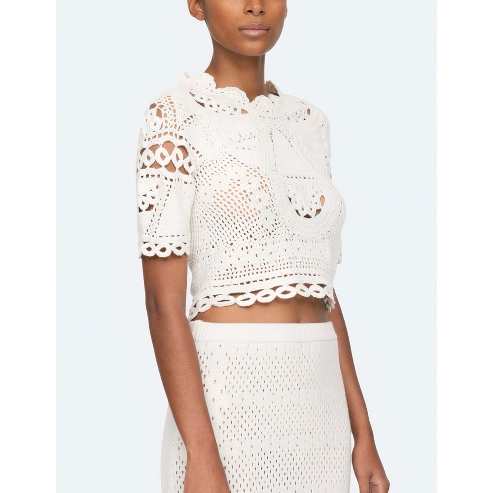 NWT SEA New York White Short-Sleeve Crochet Knit Carter Sweater Top - Picture 4 of 8